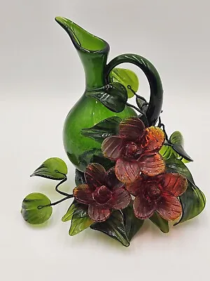 Buy Vintage Rare Green Crackle Glass Pitcher Wrapped In Amberina Glass Flowers,  10  • 85.18£