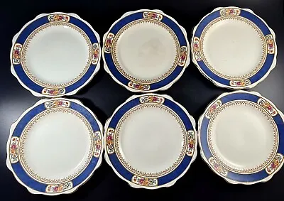 Buy Set Of 6 Royal Cauldon China Greek Key Pink Roses Small Side Dessert Plates Blue • 18.72£