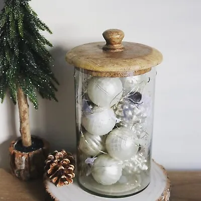 Buy Set Of 12 Champagne Hanging Bauble Decorations Display Glass & Wooden Lid Jar • 19.99£