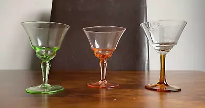 Buy Vintage 3x Coloured Coupe Champage Martini Sherbert Glasses Amber Green Pink Vgc • 6.50£