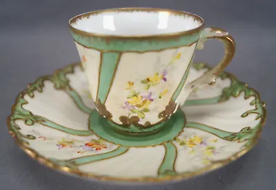 Buy Limoges Hand Painted Floral Green Ivory & Raised Gold Coffee Cup & Saucer • 231.87£