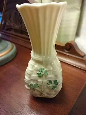 Buy Belleek Irish China Small Vase Green Shamrocks Basket Weave Design Green Stamp • 10£