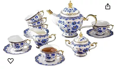 Buy Bone China Tea Sets Blue And White Tea Set For Adults 21 Piece Porcelain Tea Cup • 153.71£