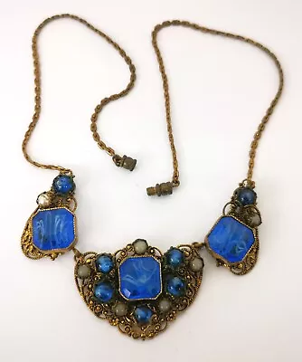 Buy Vtg Art Deco Czech Blue Lampwork Glass Brass Filigree Chain Bohemian Necklace * • 40£