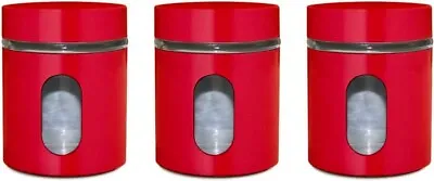 Buy Set Of 3 Canisters Tea Coffee Sugar Jar Red Food Storage Container Glass Pots • 11.99£