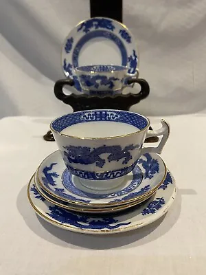 Buy Vintage Cauldon England Tea For 2 Trios - Blue And White Japanese Dragon Design • 10£