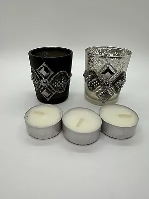 Buy Votive Candle Holders 2/ One Silver/One Black W/ Jewel Applique/ 3 Tea Candles • 6.67£