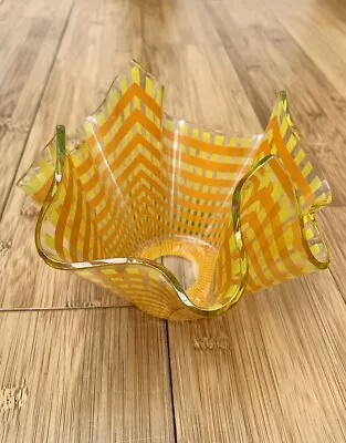 Buy Vintage Glass Handkerchief Bowl Vase Chance Bros Orange Yellow Check Mid Century • 14.99£