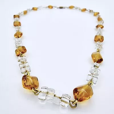 Buy Vintage Art Deco Czech Glass Amber & Clear Cut Glass Beaded Necklace • 30£