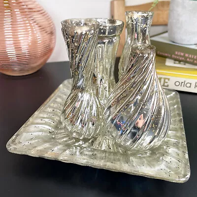 Buy 5 Piece Mercury Ensemble Vase Set Crackle Silver Glass Plant Pot Bottles Plate  • 35.99£