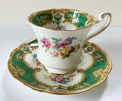 Buy 1930's Paragon Staffordshire Green Floral Footed Teacup & Saucer With Gilt Rims • 12£