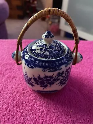 Buy Vintage Lidded Blue Oriental Jam/Sugar Pot With  Wicker Handle Unmarked • 10£