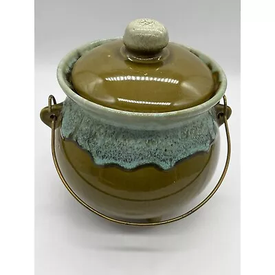 Buy Vintage USA Hull Pottery Bean Pot Drip Glaze With Handle Green • 47.82£
