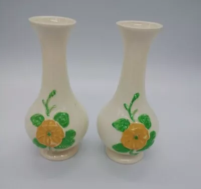 Buy Vintage Pair Pottery Vases Made In USA Yellow Orange Raised Flower • 8.13£