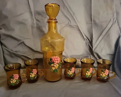 Buy BRF Amber Port Decanter With Painted Flowers & 5 Small 2 Oz Glasses With Handles • 19.30£