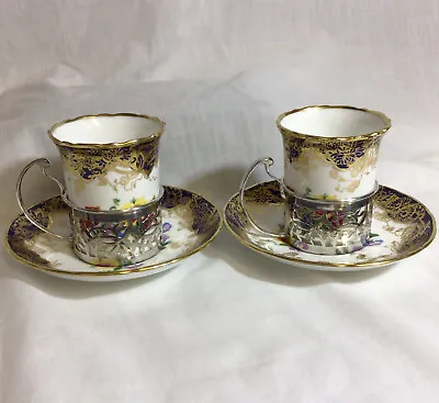 Buy 1973 Solid Silver 2 Cup Holders & Hammersley Fine China Demi Tasse Cups Saucers# • 195£