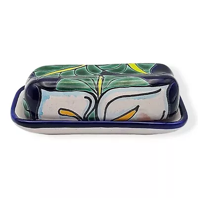 Buy Folk Art Talavera Hand Painted Mexican Pottery Butter Dish Calla Lily Cobalt • 13.65£