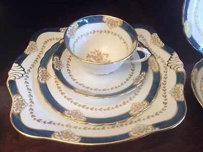 Buy 6 X Antique/ VINTAGE Tuscan English Bone China Tea Set Blue And Gold Pattern • 54.99£