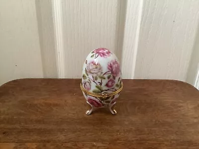 Buy Vintage Egg Shaped Floral Porcelain 3 Footed Gold Gilt Metal Hinged Trinket Box • 3.99£