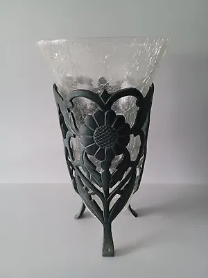 Buy Unique Vintage Crackle Glass Vase With Solid Brass Foot Pedestal Stand • 29£