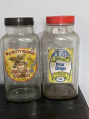 Buy 2 X Vintage Glass Sweet Jars Original Labels Dobsons Pear Drops Herbal Cough • 19.99£