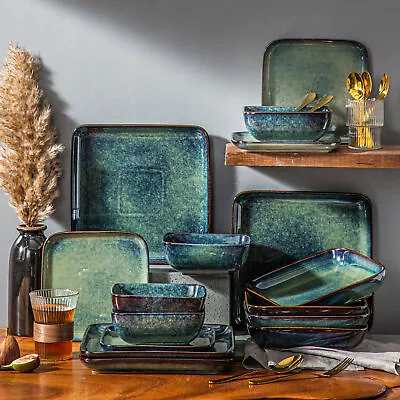Buy Vancasso Green 32 Piece Dinner Set Stoneware Reactive Glaze Plates Service For 8 • 132.99£