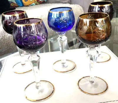 Buy Set Of Five Vintage Bohemian Cut Coloured Crystal Cordial Glasses From Germany • 99.95£