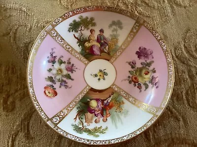 Buy Antique Dresden Hand Painted Courting Couple Watteau Scene Pink Gold Saucer • 18£