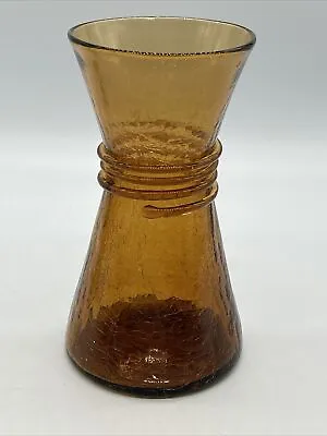 Buy Vintage Amber Pilgram Crackle Glass Vase W/applied Ribbon 6.75” X 4” Euc • 17.28£