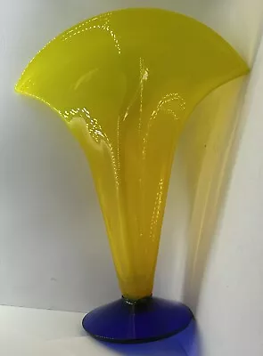 Buy Vintage Blenko Handblown Glass Fan Vase Yellow Blue Signed Richard Blenko 12.5” • 134.02£