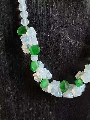 Buy Antique Vintage Art Deco Czech Satin Glass Bead Necklace Opalescent Flower Leaf  • 24£