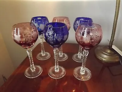Buy Six Multi Coloured  Pink / Blue  Bohemian Hock Or Wine Glasses 8 1/8” • 145£