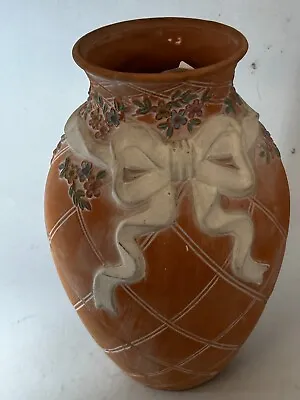 Buy Large Pottery Orange Hand Made Floral Terracotta Ribbon Vase Decorative Round#LH • 3.31£