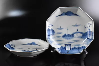 Buy F8752: Japanese Old Imari-ware Blue&White Landscape Person PLATE/dish 2pcs, • 23.57£