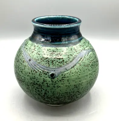 Buy Vintage Pottery Vase Speckled Pattern Green & Gray Signed By Artist Mannos • 43.43£
