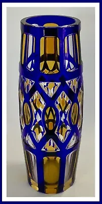 Buy Vtg Cobalt Blue & Yellow Cut To Clear 10¾” Thick Glass Vase—Unmarked—Beautiful! • 95.89£