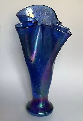 Buy Glass Vase Iridescent Blue Lustre 29 Cm Tall Ruffle Studio Art Glass Heron  VGC • 44£