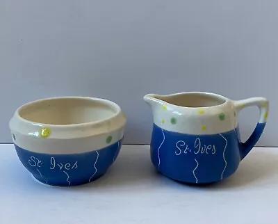 Buy Vintage St Ives Cornwall Sugar Bowl & Cream Milk Jug Blue & White Pottery 1950’s • 15£