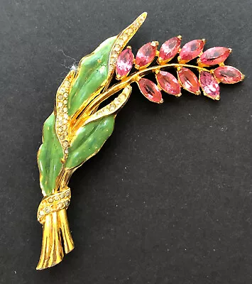 Buy 1940's Large Pink Glass Rhinestone Enamel Brooch Pin 3 1/2 ..Lily Of Valley • 128.08£