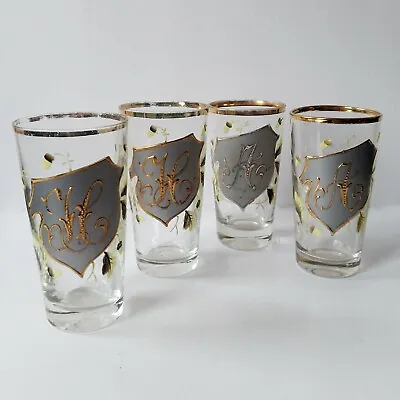 Buy Antique 19C Enamelled Crystal Drinking Glasses Set Of 4, Initials A H, French • 18£
