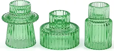 Buy 3 Piece Glass Candle Holder, Green Vintage • 9.59£