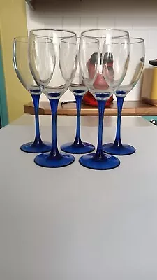 Buy Set Of 5 Vintage 1970s  France Luminarc Cobalt Blue Stem Wine Glasses X 4 • 19.99£