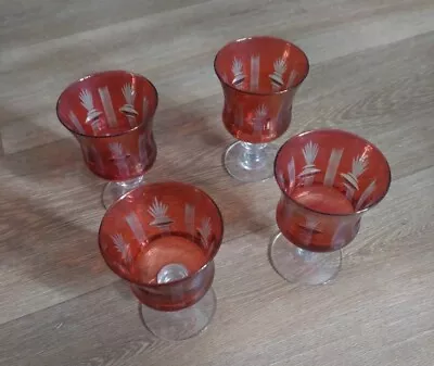 Buy Set Of Four Antique Hand Blown Engraved Cranberry Glass Goblets  • 33£