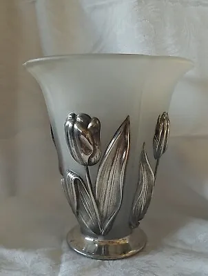 Buy Vintage Art Deco Tulips Silver Overlaid Satin Glass Vase • 42.59£