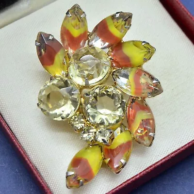 Buy Vintage Brooch  1960s Yellow Dusky Pink Givre Glass & Crystal Goldtone Jewellery • 0.01£