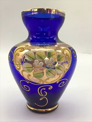 Buy Vintage Cabolt Blue Vase With Gilt Detail &  Over Painted Flowers Pretty • 9.99£
