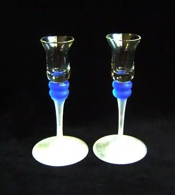 Buy Unusual Pair Blue & Frosted Crystal Glass Candlesticks 6  High • 10£