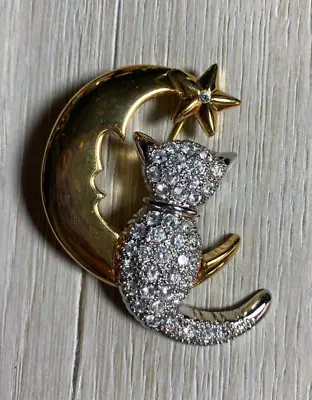 Buy Silver Rhinestone Cat Sitting On A Gold Moon With Star Brooch Pin • 19.28£
