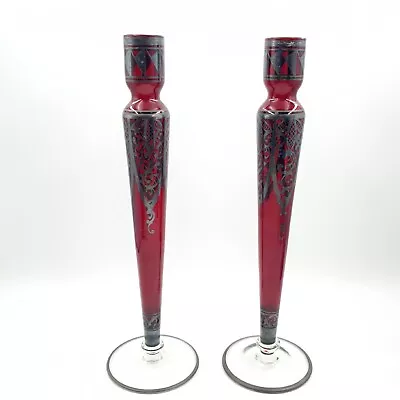 Buy Venetian Glass Candle Holders Candlesticks Ruby Red Silver Overlay Near Pair • 39.10£