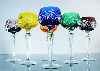 Buy Antique 6 Large Glasses Wine Crystal Double Colour 6 Size Bohemian Around 1950 • 216.46£